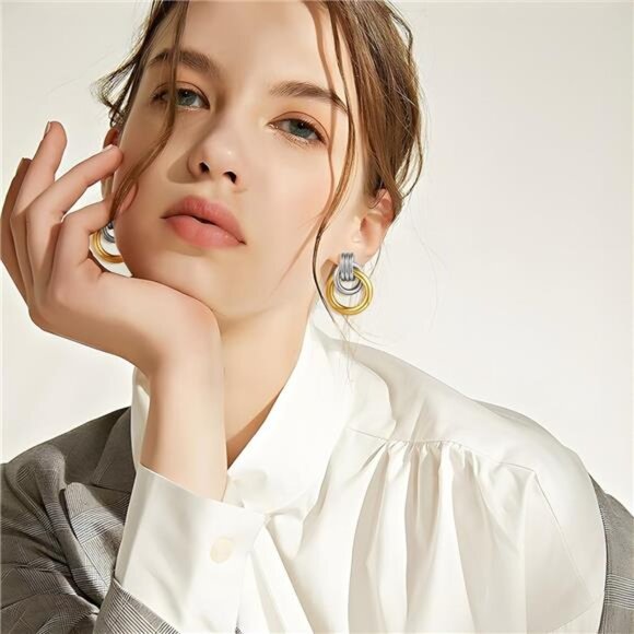 Two Tone Geometric Link Earrings | Lightweight Statement Dangle Studs - Picture 2 of 5